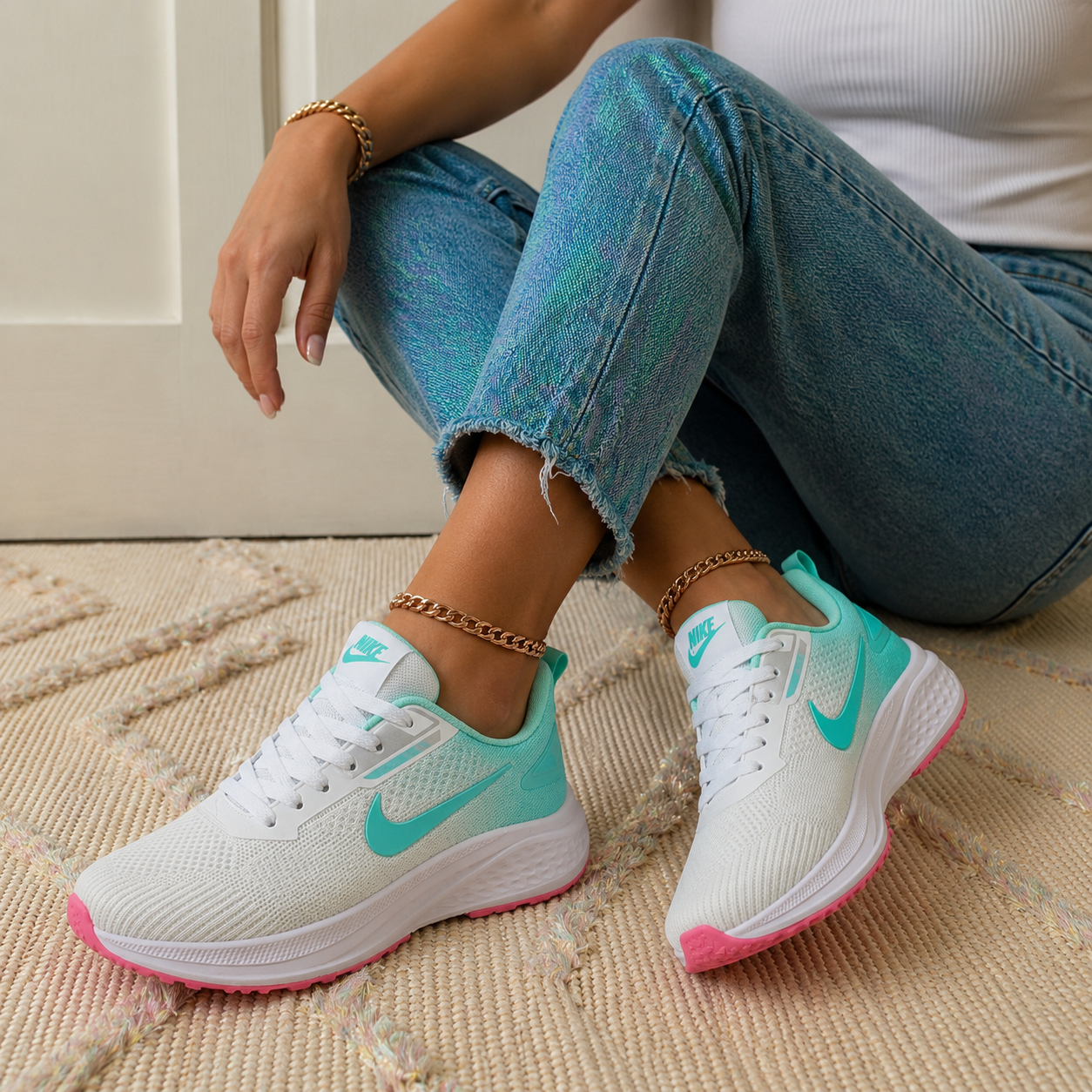 Nike white green pink